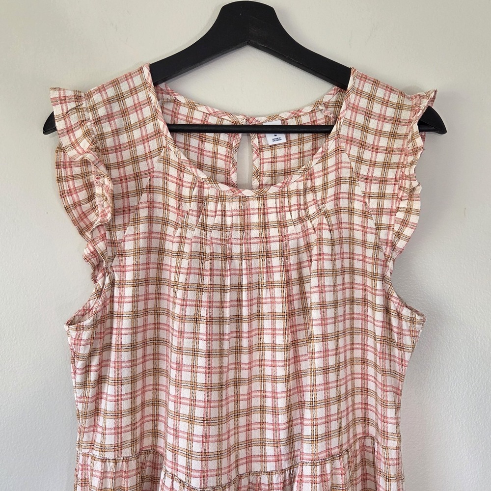 Old Navy Women's Plaid Dress Size M Ruffle Tiered Linen Blend Summer - Picture 2 of 9
